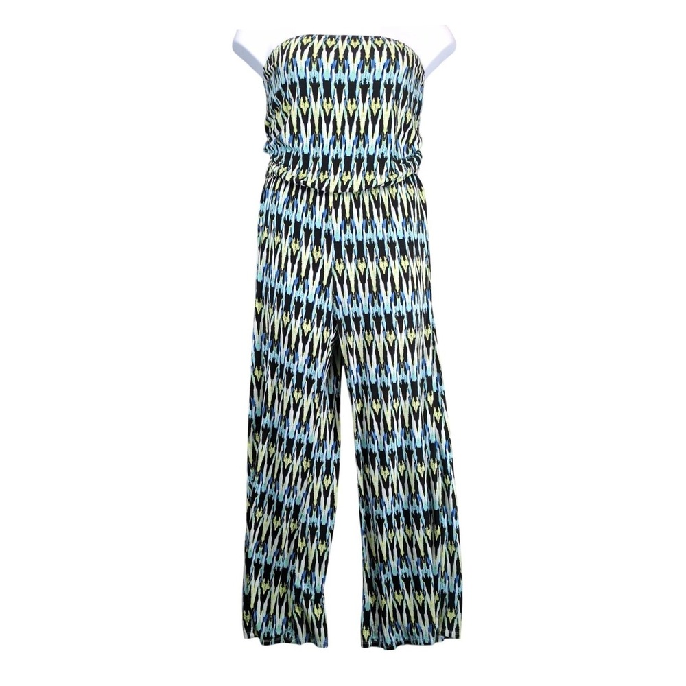 Lemon Tart Strapless Jumpsuit Sz L Multicolor Wide Leg Jersey Stretch Boho Beach